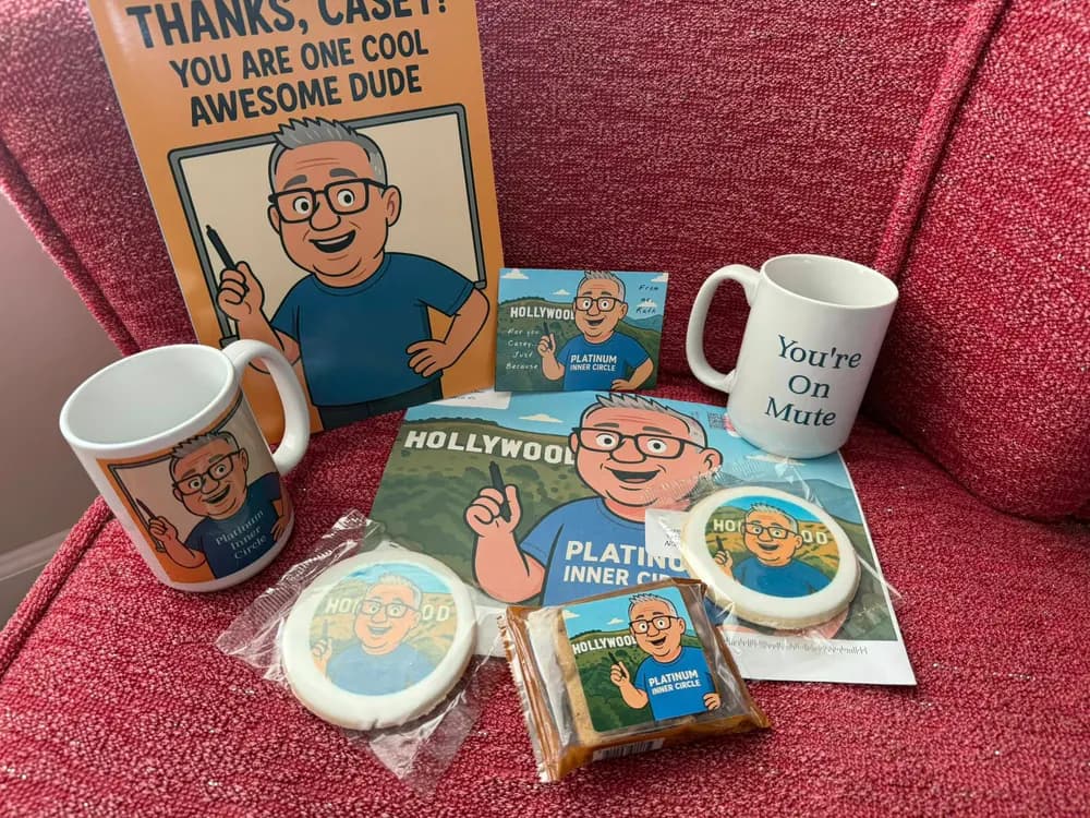 A collection of personalized gifts and cards ready to mail